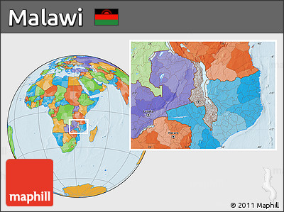 Gray Location Map of Malawi, political outside, hill shading