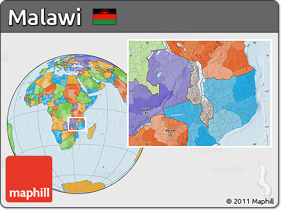 Gray Location Map of Malawi, political outside, hill shading