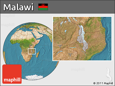 Gray Location Map of Malawi, satellite outside, hill shading