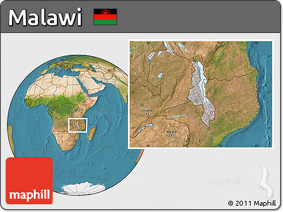 Gray Location Map of Malawi, satellite outside, hill shading