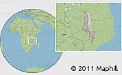 Gray Location Map of Malawi, savanna style outside, hill shading inside