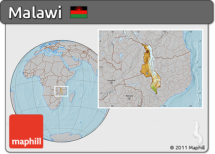 Physical Location Map of Malawi, gray outside, hill shading