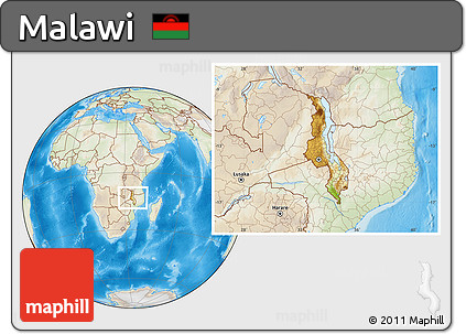Physical Location Map of Malawi, lighten, land only