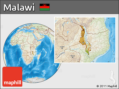 Physical Location Map of Malawi, lighten, land only