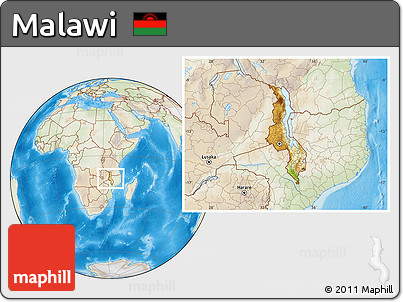Physical Location Map of Malawi, lighten, land only