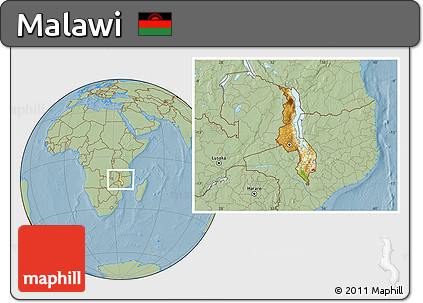 Physical Location Map of Malawi, savanna style outside, hill shading