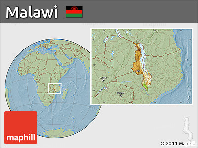 Physical Location Map of Malawi, savanna style outside, hill shading
