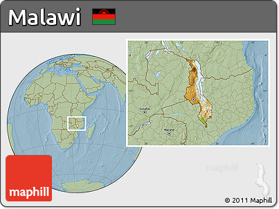 Physical Location Map of Malawi, savanna style outside, hill shading