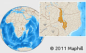 Political Location Map of Malawi, shaded relief outside