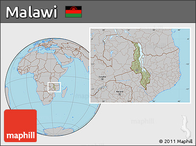 Savanna Style Location Map of Malawi, gray outside, hill shading inside
