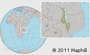 Savanna Style Location Map of Malawi, gray outside, hill shading inside