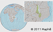 Savanna Style Location Map of Malawi, gray outside, hill shading outside