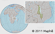 Savanna Style Location Map of Malawi, gray outside, hill shading