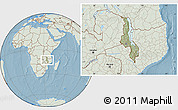 Savanna Style Location Map of Malawi, lighten, land only, hill shading