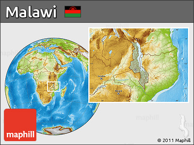 Savanna Style Location Map of Malawi, physical outside, hill shading