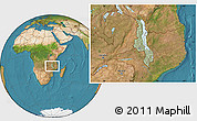 Savanna Style Location Map of Malawi, satellite outside, hill shading