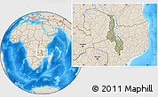 Savanna Style Location Map of Malawi, shaded relief outside, hill shading