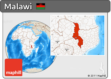 Shaded Relief Location Map of Malawi, highlighted continent