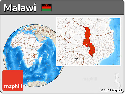 Shaded Relief Location Map of Malawi, highlighted continent