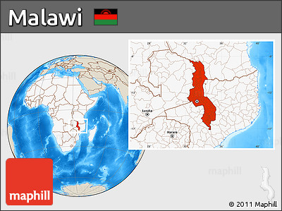 Shaded Relief Location Map of Malawi, highlighted continent