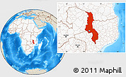 Shaded Relief Location Map of Malawi, highlighted continent