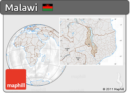 Shaded Relief Location Map of Malawi, lighten, desaturated