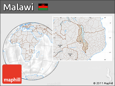 Shaded Relief Location Map of Malawi, lighten, desaturated