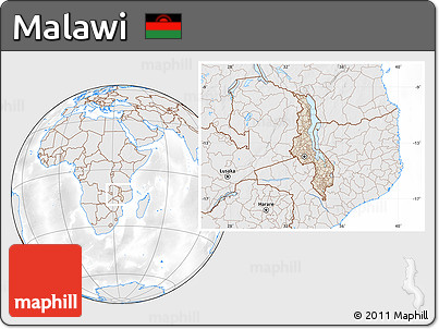 Shaded Relief Location Map of Malawi, lighten, desaturated