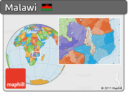 Shaded Relief Location Map of Malawi, political outside