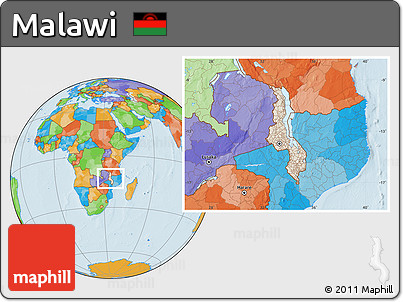 Shaded Relief Location Map of Malawi, political outside