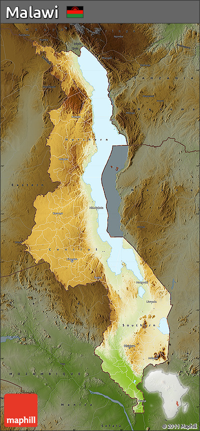 Physical Map of Malawi, darken