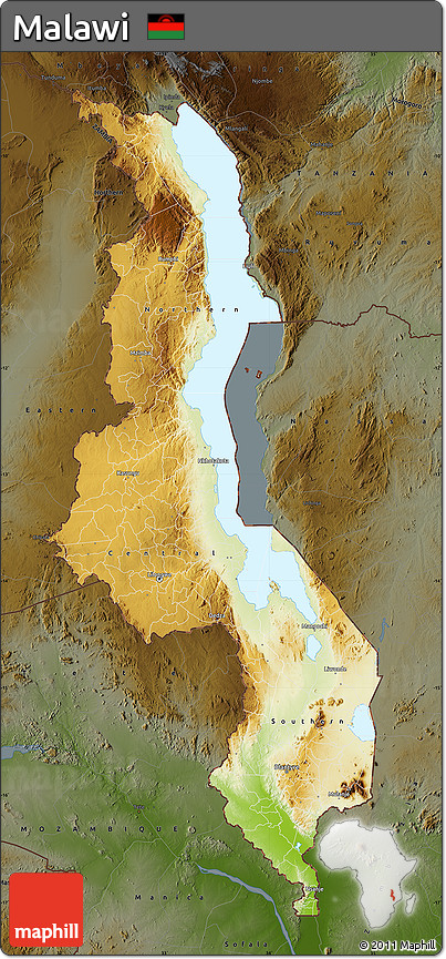Physical Map of Malawi, darken