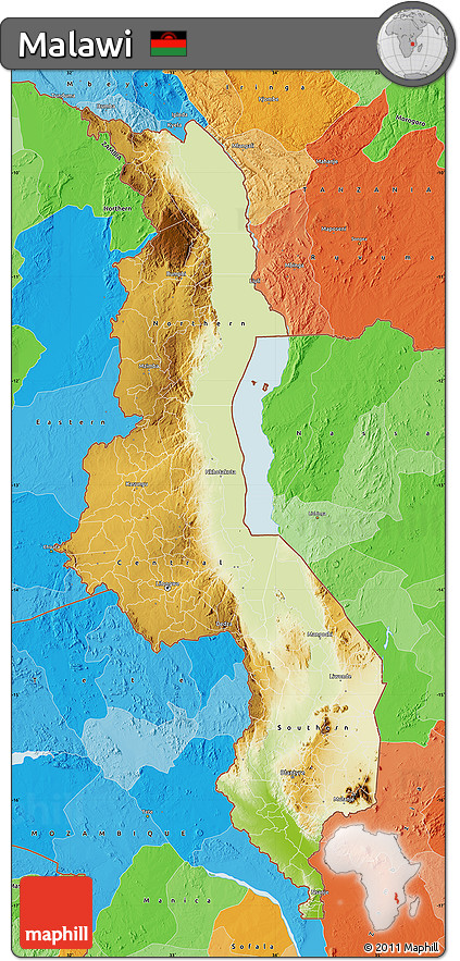 Physical Map of Malawi, political outside