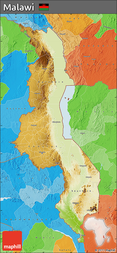 Physical Map of Malawi, political outside