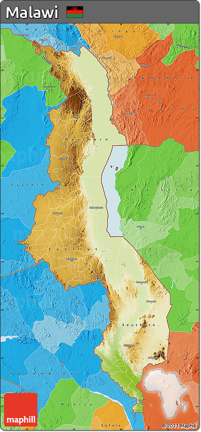 Physical Map of Malawi, political outside