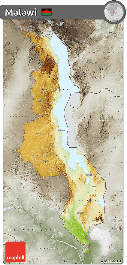 Physical Map of Malawi, semi-desaturated