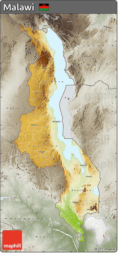Physical Map of Malawi, semi-desaturated