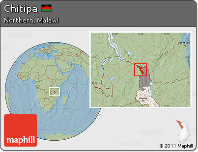 Savanna Style Location Map of Chitipa, highlighted country, highlighted parent region, hill shading
