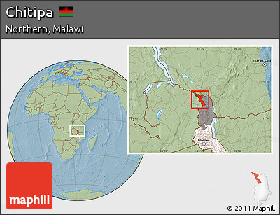 Savanna Style Location Map of Chitipa, highlighted country, highlighted parent region, hill shading