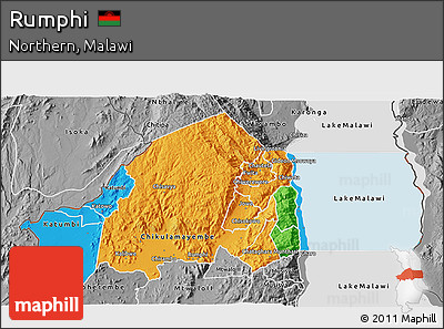 Political 3D Map of Rumphi, desaturated