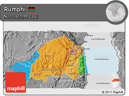 Political 3D Map of Rumphi, desaturated