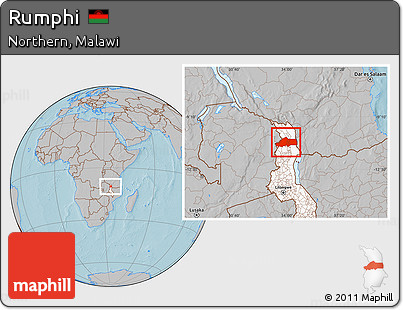 Gray Location Map of Rumphi, highlighted country, hill shading