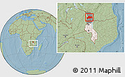 Savanna Style Location Map of Rumphi, highlighted country, highlighted parent region, within the entire country, hill shading