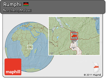 Savanna Style Location Map of Rumphi, highlighted country, highlighted parent region, hill shading