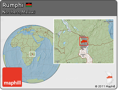 Savanna Style Location Map of Rumphi, highlighted country, highlighted parent region, hill shading