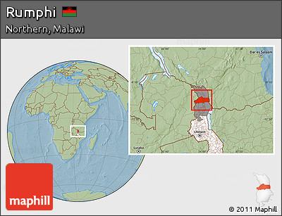 Savanna Style Location Map of Rumphi, highlighted country, highlighted parent region, hill shading