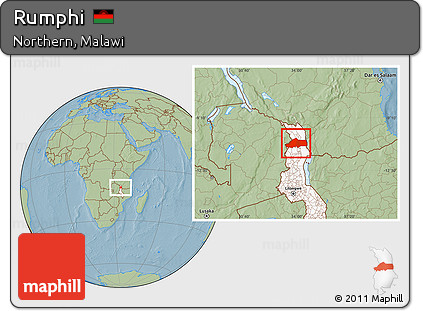Savanna Style Location Map of Rumphi, highlighted country, hill shading