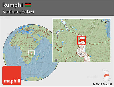 Savanna Style Location Map of Rumphi, highlighted country, hill shading