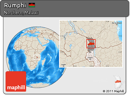 Shaded Relief Location Map of Rumphi, highlighted country, highlighted parent region
