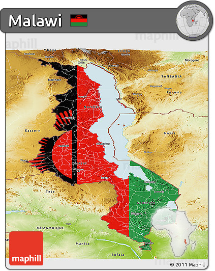 Flag Panoramic Map of Malawi, physical outside, flag rotated